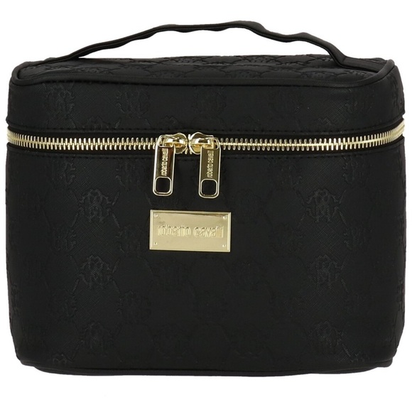 NEW Roberto Cavalli Black Embossed Monogram Cosmetic Bag Train Case - Picture 1 of 3